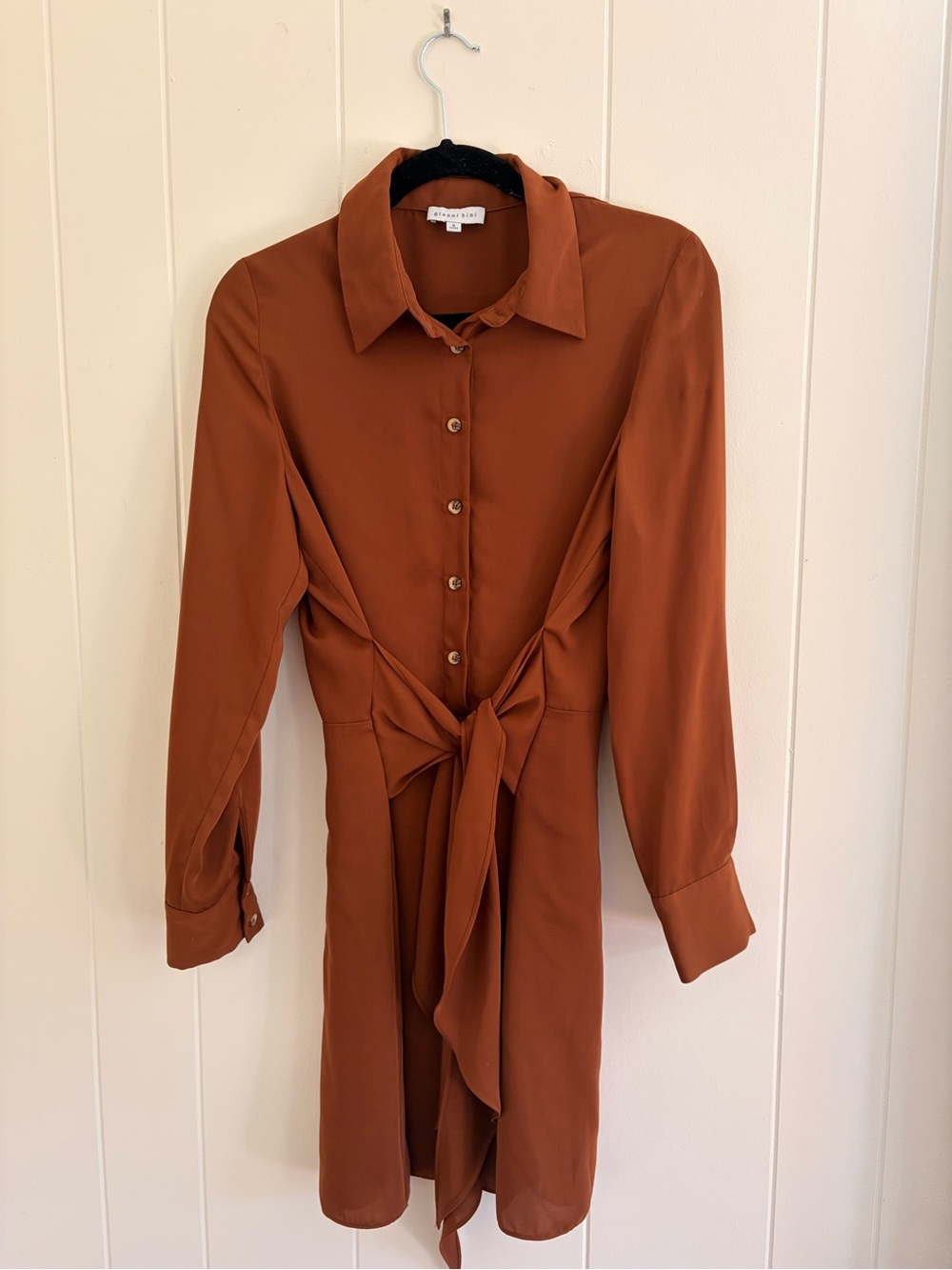 Gianni Bini Brown Button-Front Tie-Waist Long Sleeve Dress